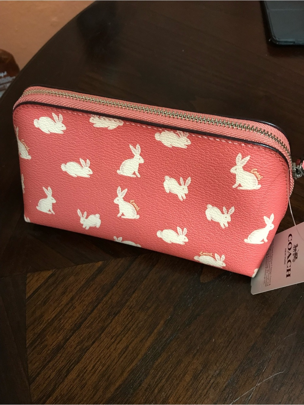 Coach Bright Coral Bunny Print Zip Pouch